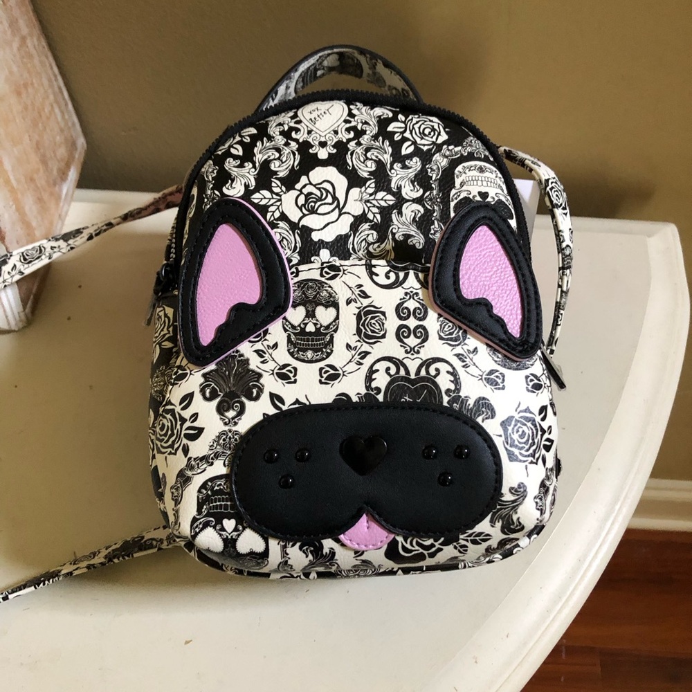 NWT Betsey Johnson XOBaybee Backpack Skull Goth Dog Convertible Backpack Mini